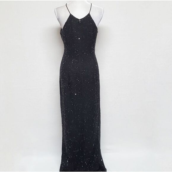 VINTAGE Marina B Black Sequin Beaded Side Slit Sleeveless Formal Maxi Dress 14 - Picture 10 of 16